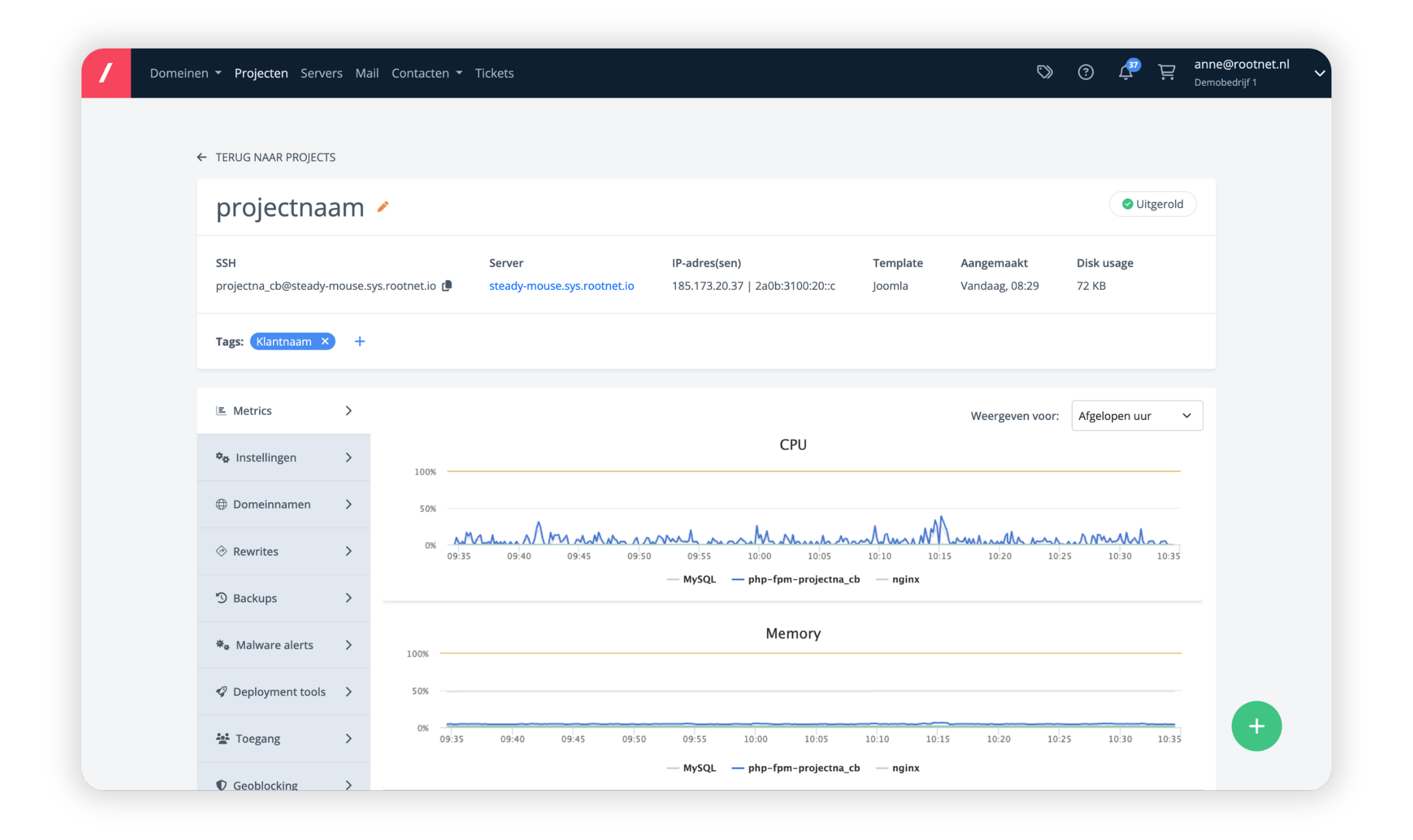 Server statistieken in myRootnet - Managed Joomla hosting