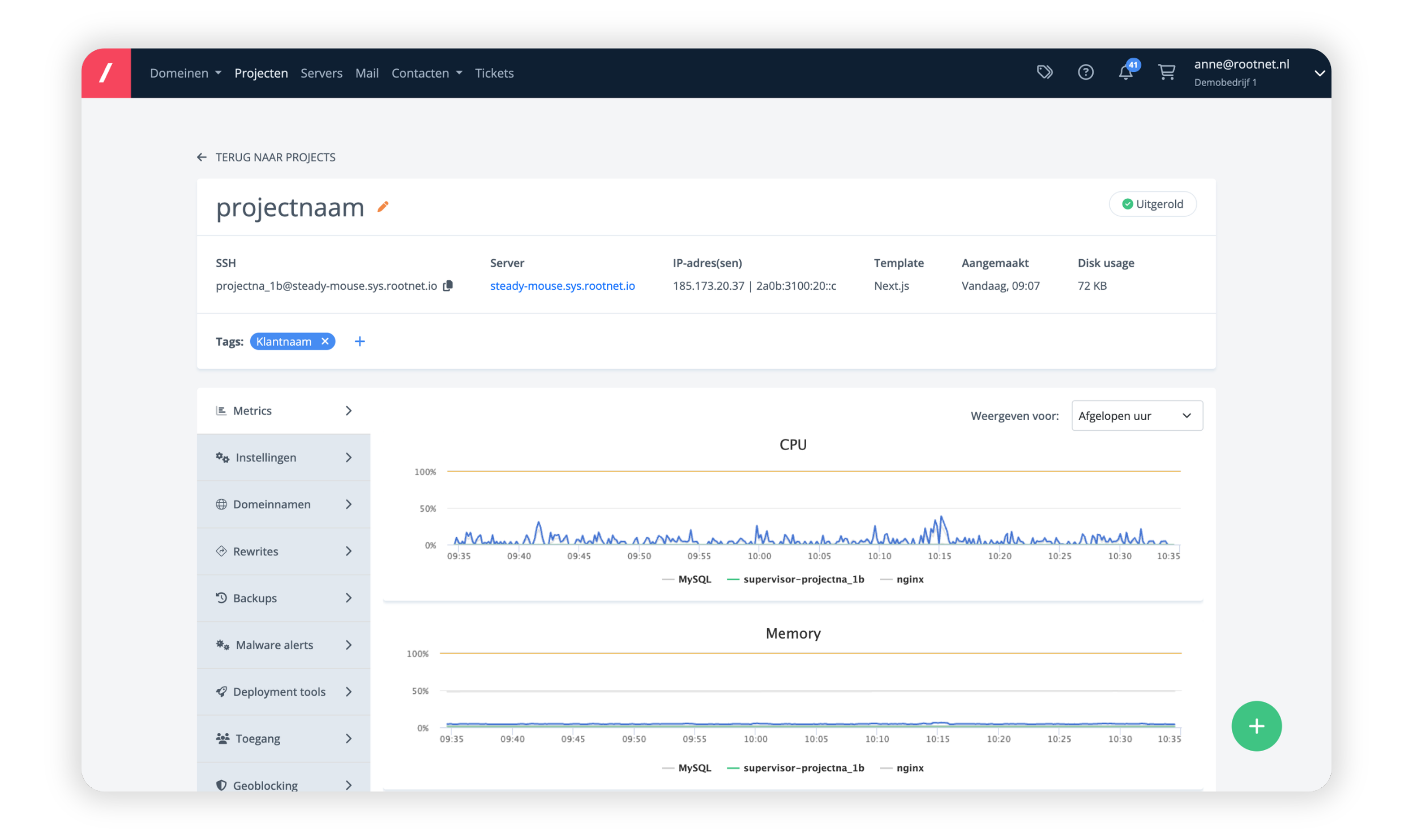 Server statistieken in myRootnet - Managed Next.js hosting
