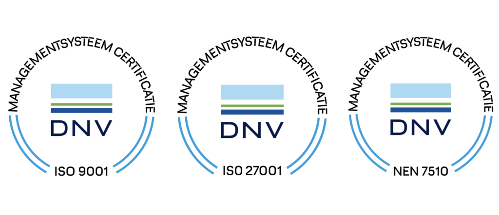 Managed Hosting ISO 9001/27001 en NEN 7510 Certificaat. Uitgegeven door DNV. 