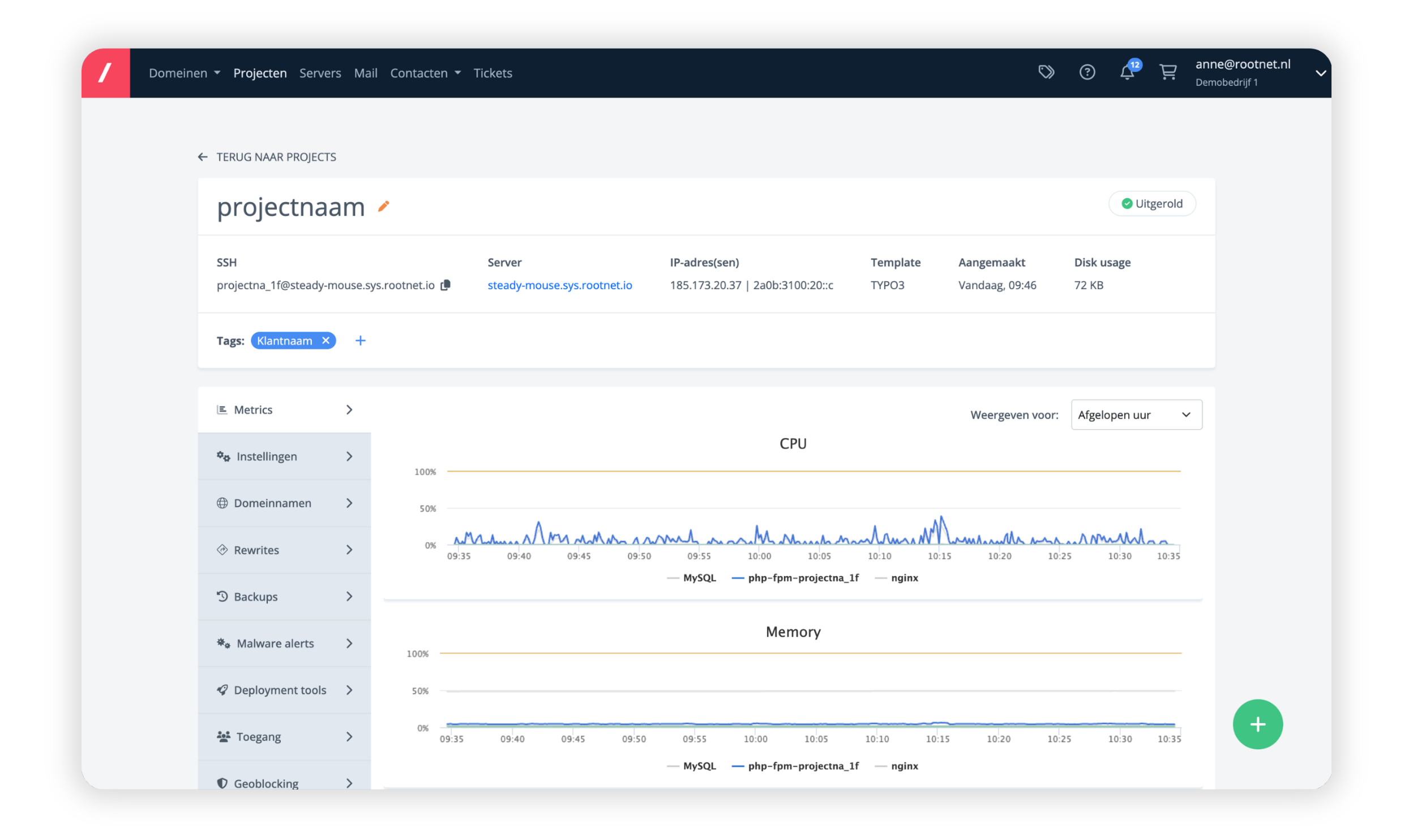 Server statistieken in myRootnet - Managed TYPO3 hosting