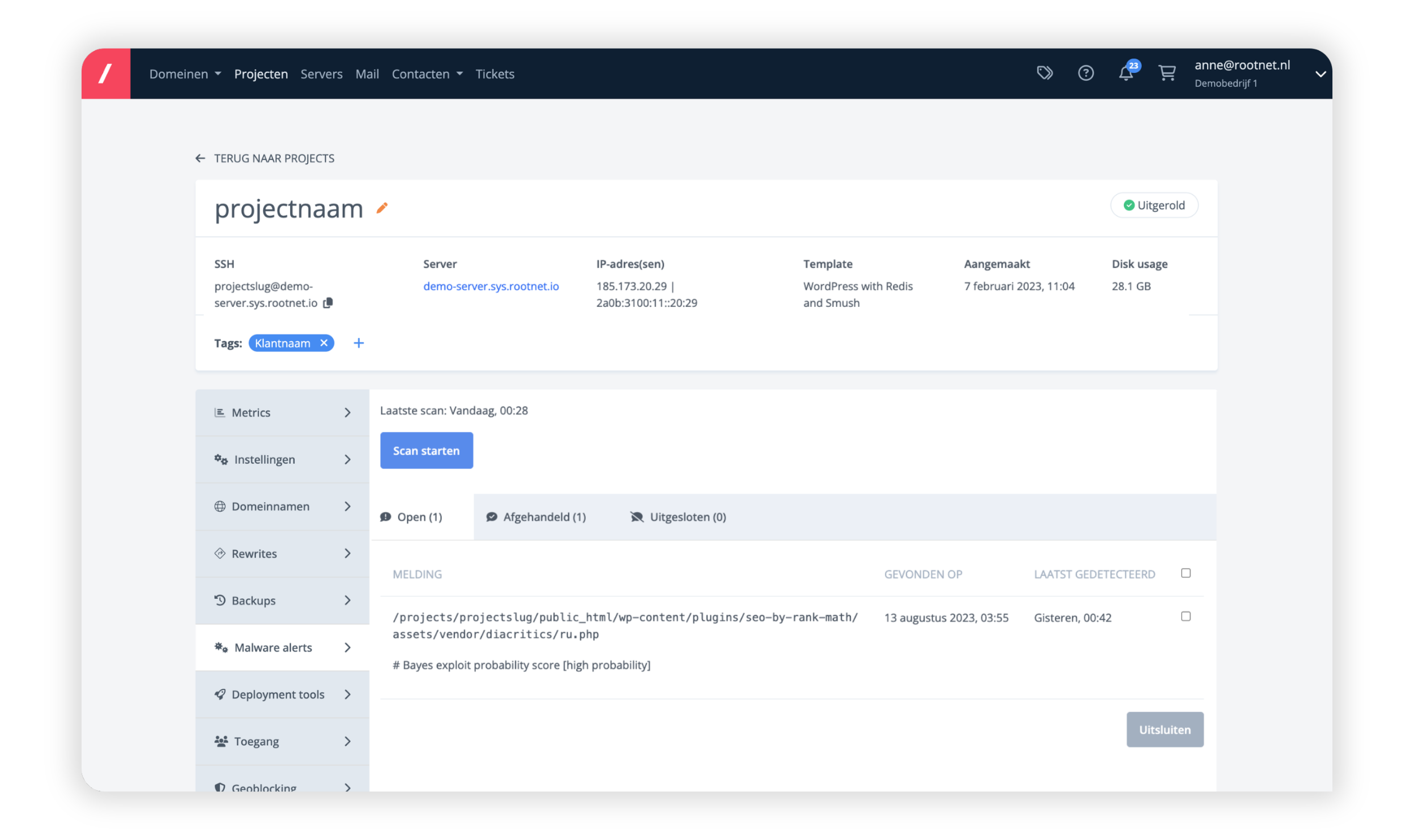 Malware scanner in myRootnet | Security first managed hosting