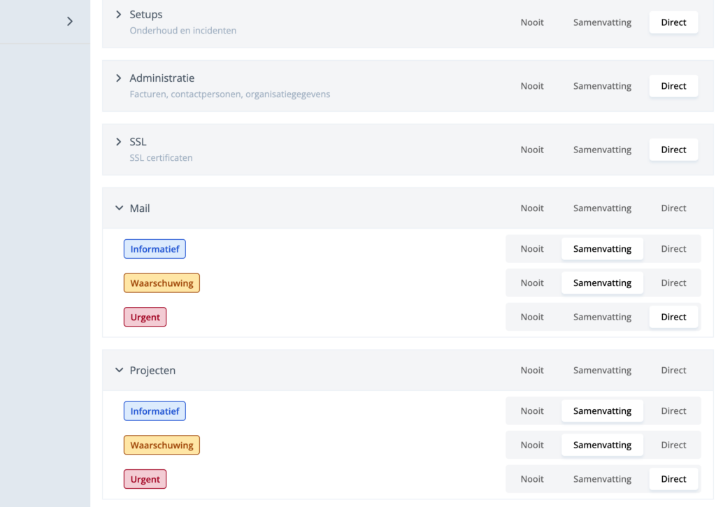Overzicht notificaties per categorie